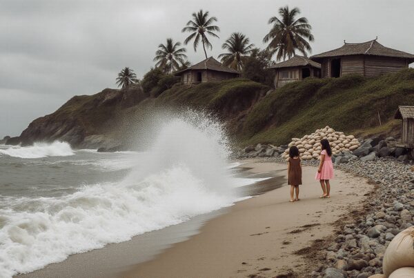 Rustic coastal scene with waves crashing along the beach, wooden huts, and palm trees.