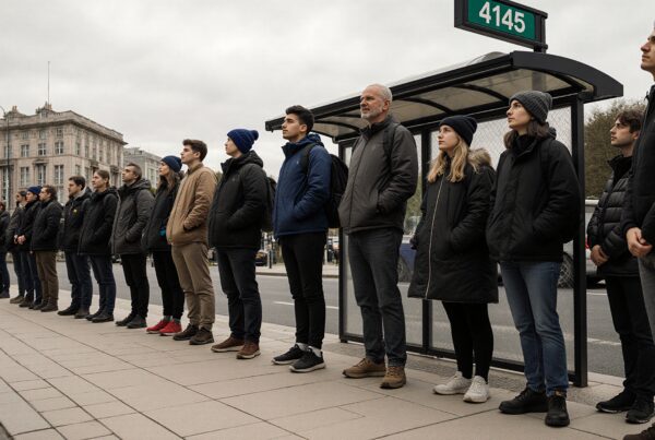 A group of people waits in line at an urban bus stop on a cloudy day, wearing warm clothing.