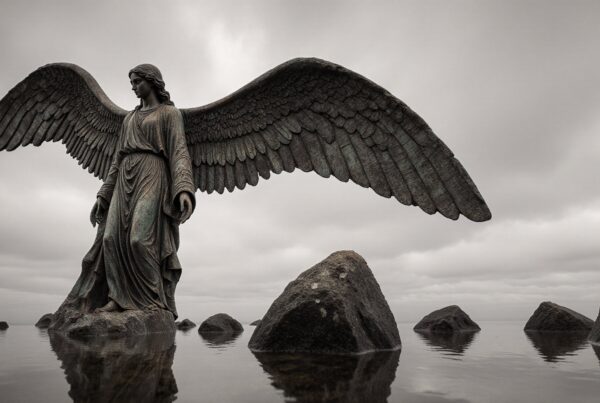 A powerful winged angel statue stands in water amidst rocks under an overcast sky.