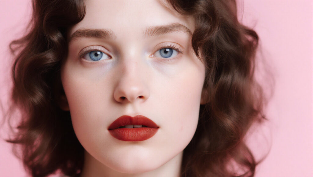 Portrait of a Woman with Curly Hair and Red Lipstick Against Pin