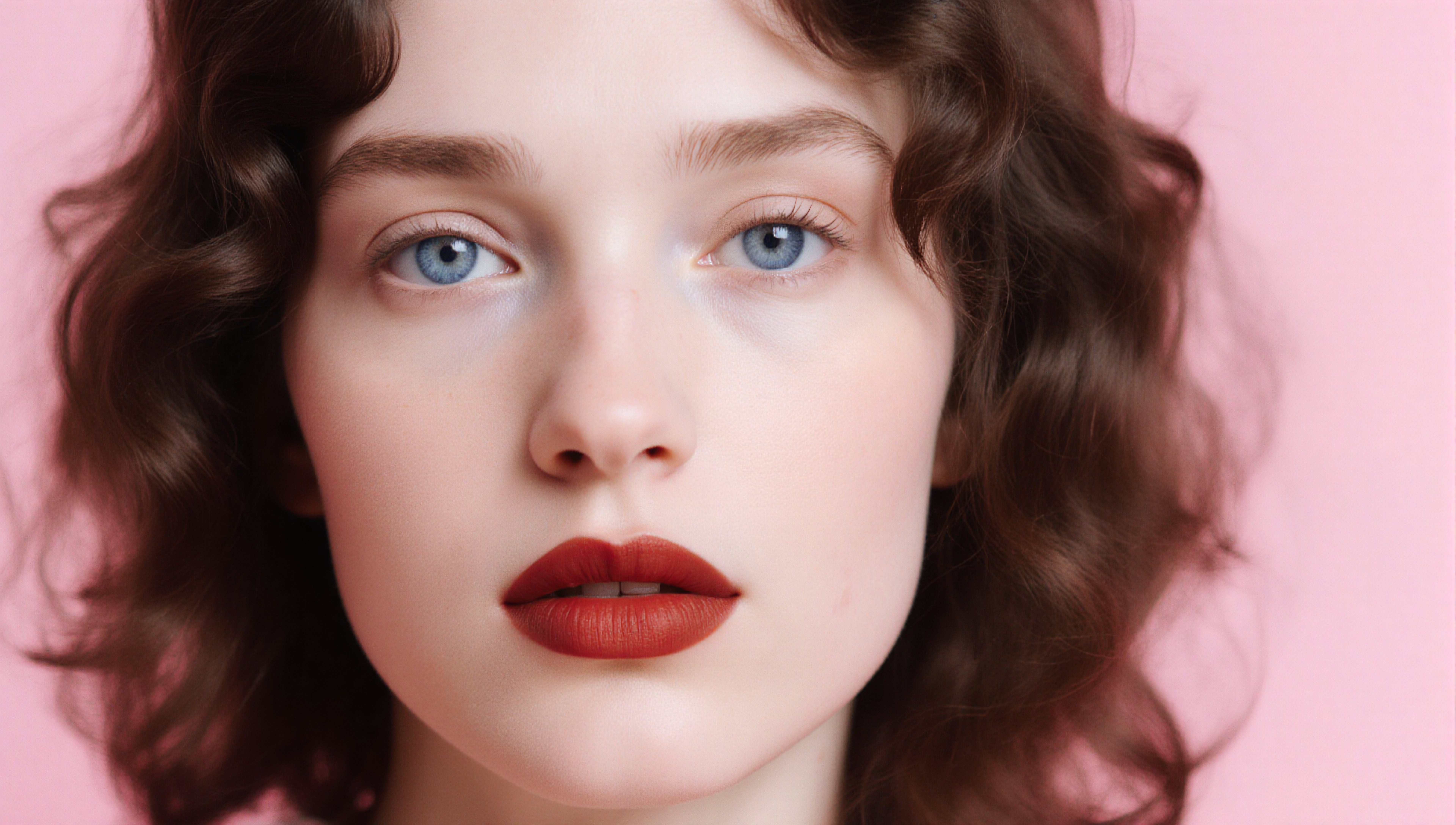 Portrait of a Woman with Curly Hair and Red Lipstick