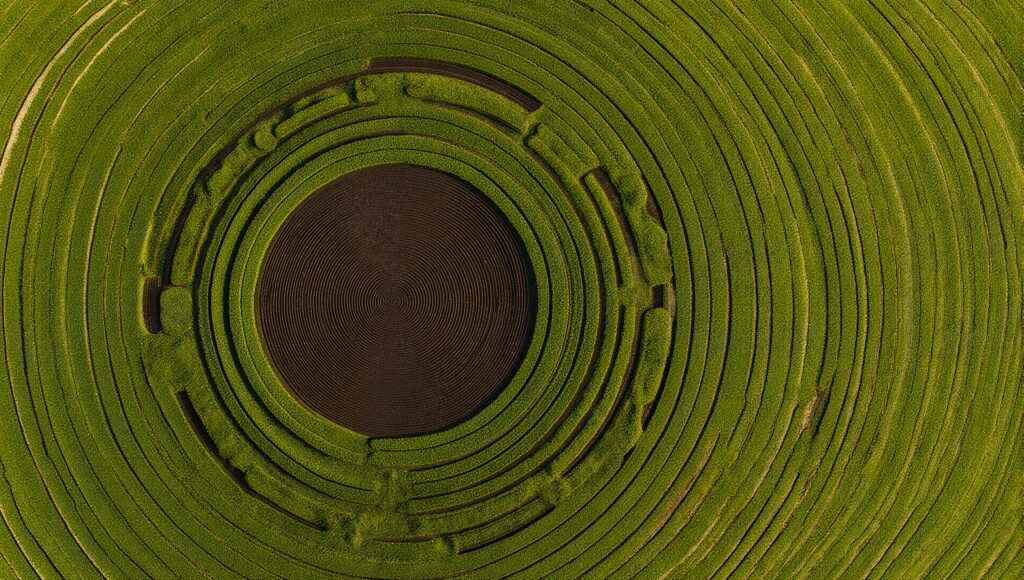 Aerial view of concentric rings forming a unique circular pattern in a green field.