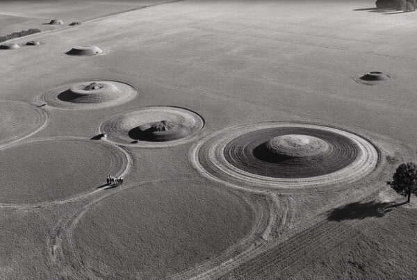 Aerial photo of intricate crop circles in a flat field with tiny figures nearby for scale