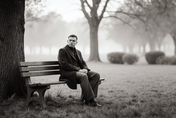Man sitting on bench in foggy park.
