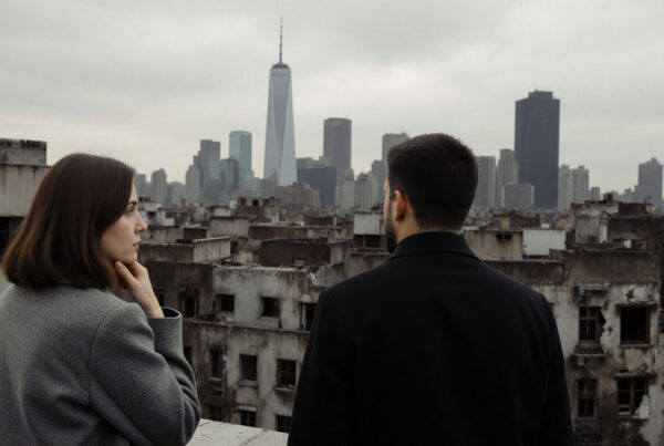 Couple contemplating city skyline from rooftop amidst contrasting old and new architecture