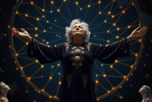 Elderly woman in black robe surrounded by glowing network, two young individuals gazing upwards.