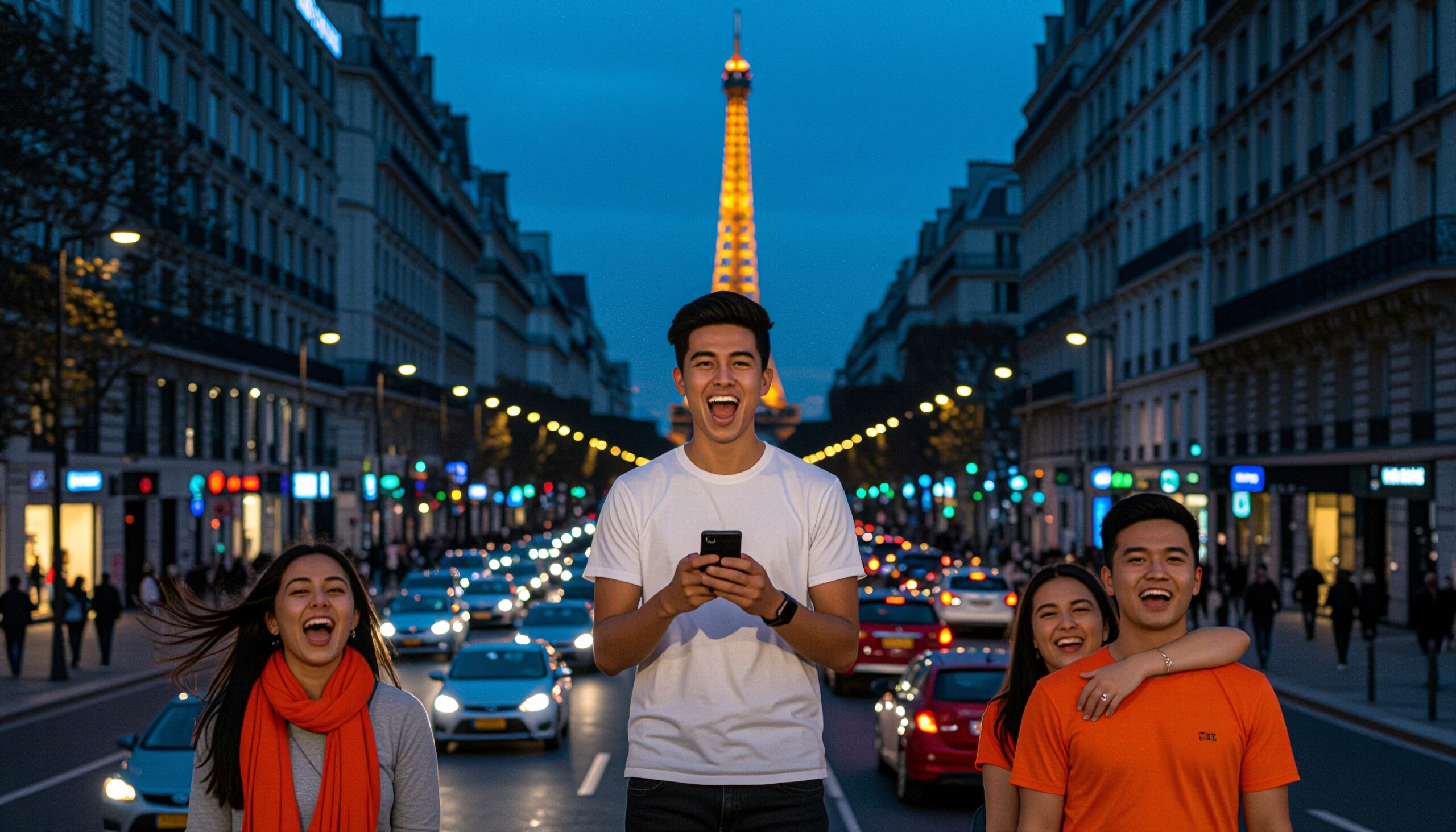 Joyful Friends in Paris at Twilight
