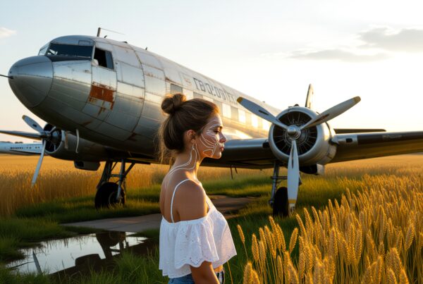 A woman with face paint stands in a wheat field beside a vintage airplane at sunset.
