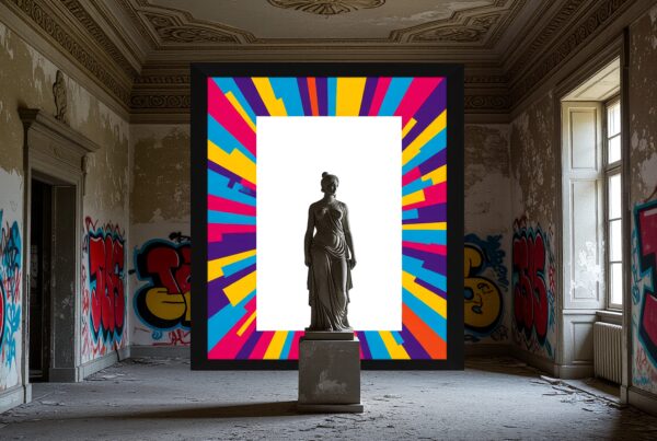 An artistic juxtaposition of classical statue and vibrant graffiti in a decaying urban room.