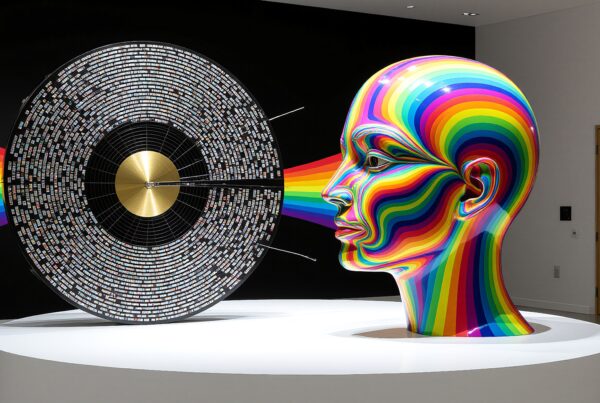 Vibrant modern art installation featuring a rainbow-striped head.