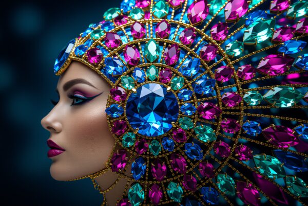 A woman in profile wearing a colorful headdress made of gemstones in blue, pink, and green, set in gold, with matching bold makeup against a teal background.