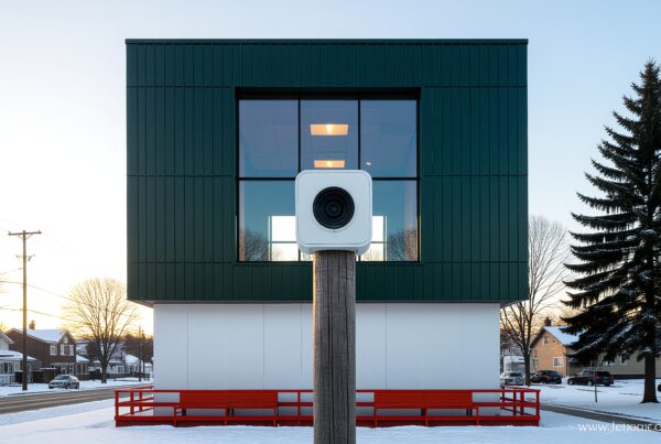 Modern building with unique design in snowy urban landscape.