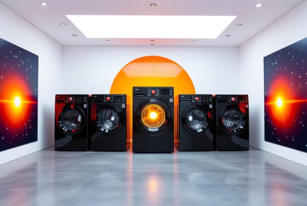 Futuristic black washing machines with orange accents in a sleek, modern laundry room.