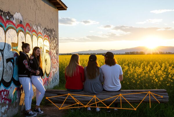Five friends enjoy sunset by a vibrant graffiti wall and yellow field, blending urban art with natural beauty.
