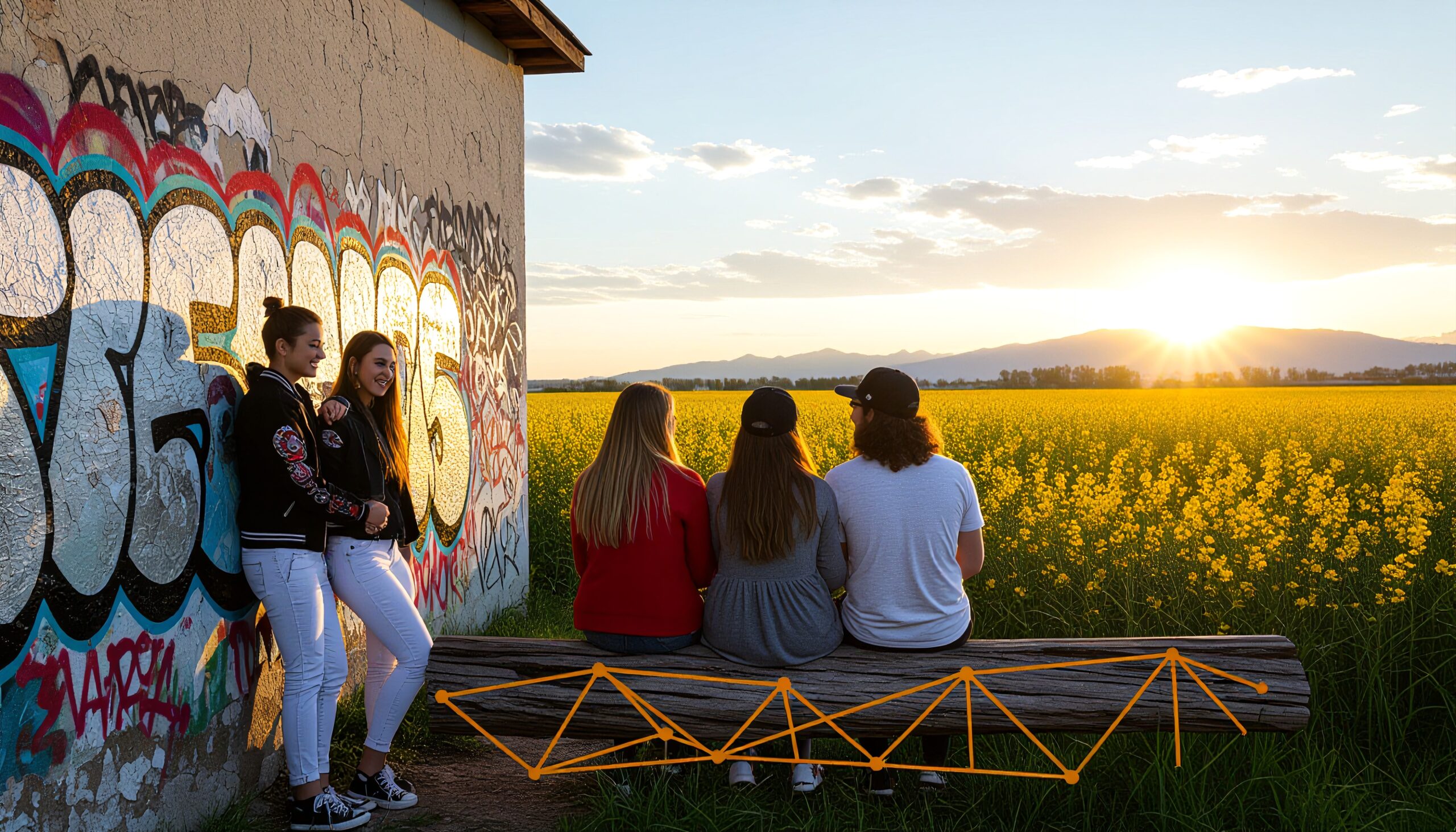 Friends enjoying vivid sunset view