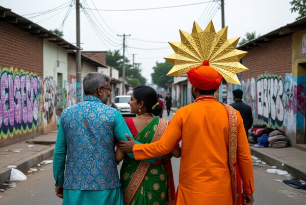 A group in colorful traditional attire walks joyfully down a graffiti-lined street.