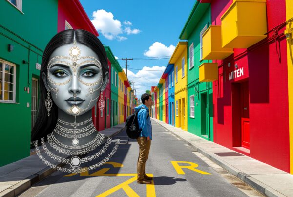 A person stands on a vibrant street with colorful buildings and digital art.