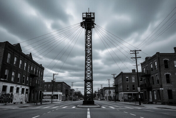 Abandoned Industrial Tower Amidst Decaying City Street Scene