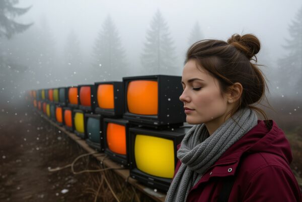 A woman in a foggy forest with vintage televisions.