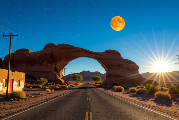 Surreal desert road framed by giant rock arch with dual sun and moon lighting effect