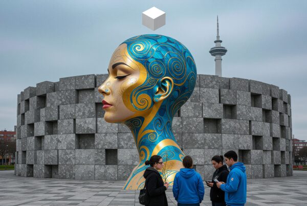 Colorful, surreal sculpture against urban architecture backdrop.