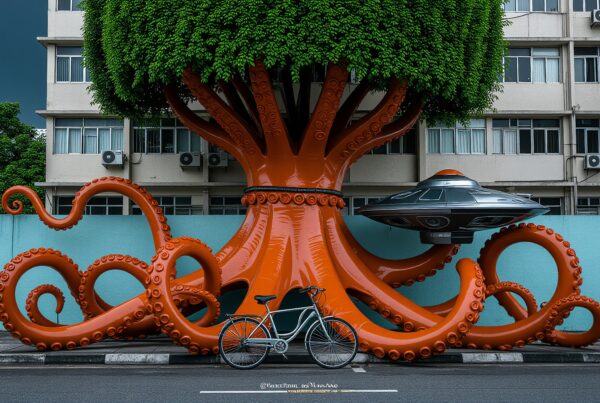 Artistic cityscape featuring giant tentacles.