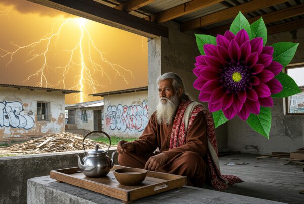 A man sits indoors with a teapot as lightning strikes outside.