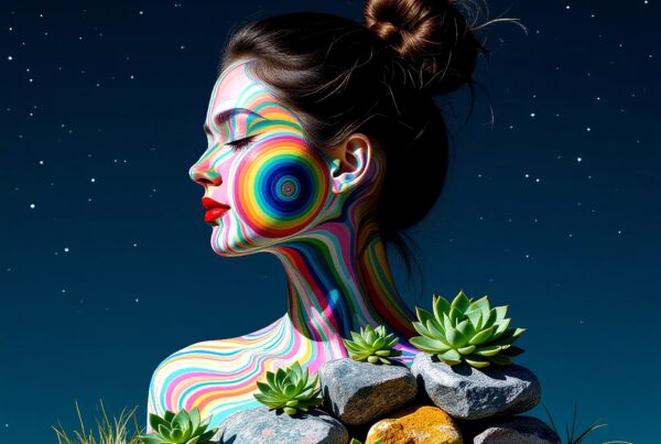 A woman with vibrant rainbow body paint surrounded by succulents under a starry sky.