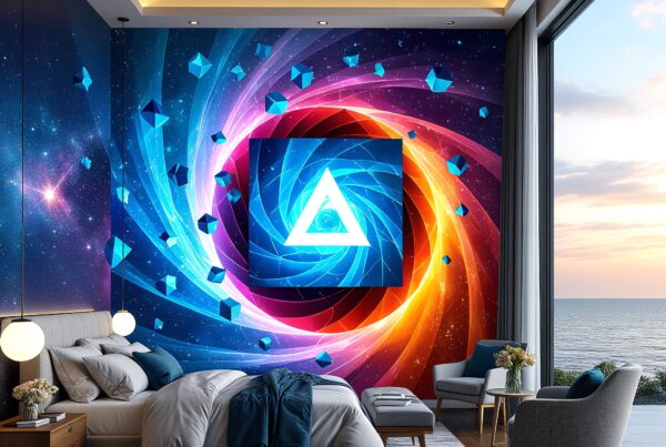 Modern bedroom with vibrant wall art featuring a swirling geometric design, overlooking an ocean view.