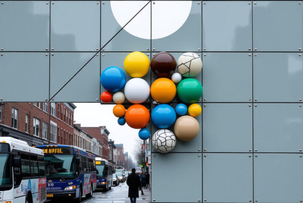 Colorful sphere sculpture on modern building with rainy city street and buses