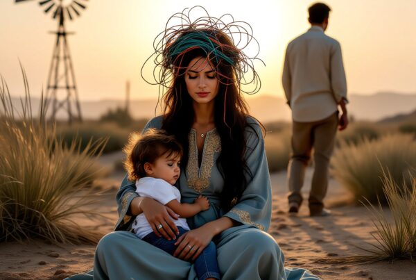 A woman holding a child in a desert landscape at sunset, with a man walking away and a windmill in the background.