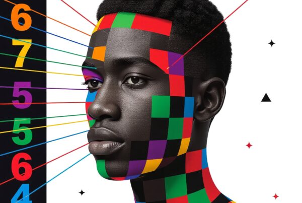 Colorful geometric patterns on a hyperrealistic portrait connecting identity and technology.