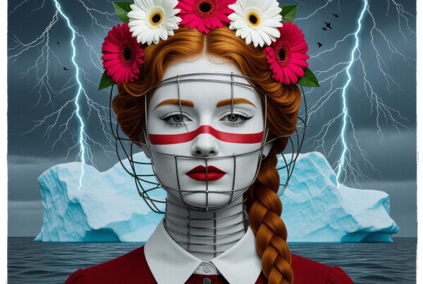 A surreal image of a woman with flowers in her hair submerged in icy waters with lightning and iceberg background.