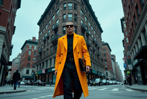 A man in an orange coat crossing an urban street.