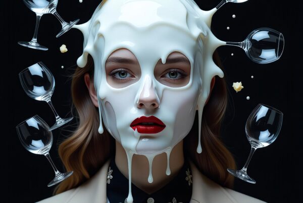 Surreal portrait of a woman with milk mask and floating glass goblets and cheese.