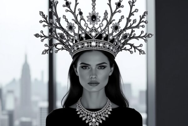 A woman in a jeweled crown stands before a cityscape, exuding elegance and majesty in high contrast monochrome.