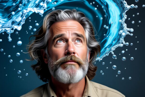 A mature man with gray hair and a beard looks thoughtfully upwards with a swirling water backdrop.
