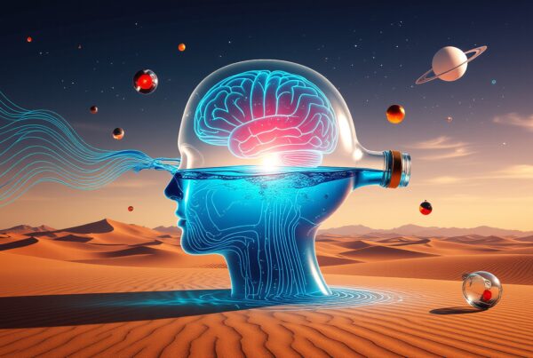 A surreal depiction of a transparent head in a desert with a glowing brain, flowing light, and floating planets under a starry sky.