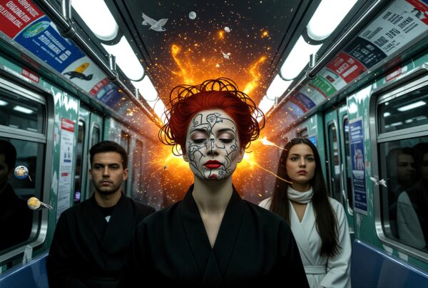 A surreal subway scene with exploding light behind a person with artistic facial designs, flanked by two others.