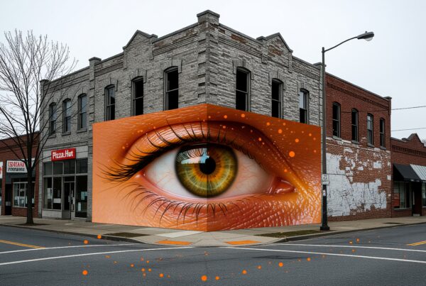 A realistic eye mural wraps around a building corner, creating a striking urban scene.