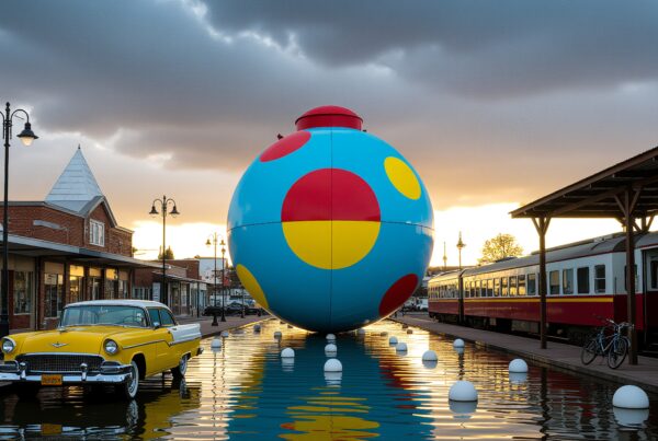 Colorful spherical sculpture with vintage car and train at sunset in a quaint town square.