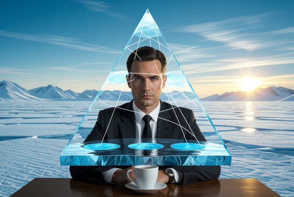 A businessman in a suit with an abstract pyramid and snowy landscape background.