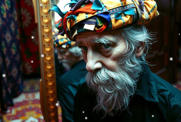 A contemplative elderly man in a colorful turban with mirror reflection.