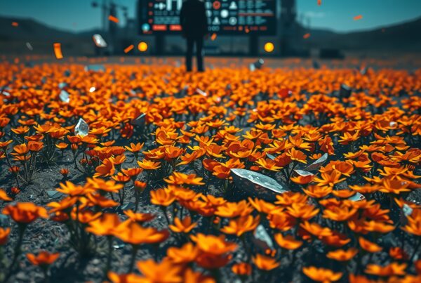 A vibrant field of orange marigolds against a blue sky with a digital sign in the background, blending nature and technology.