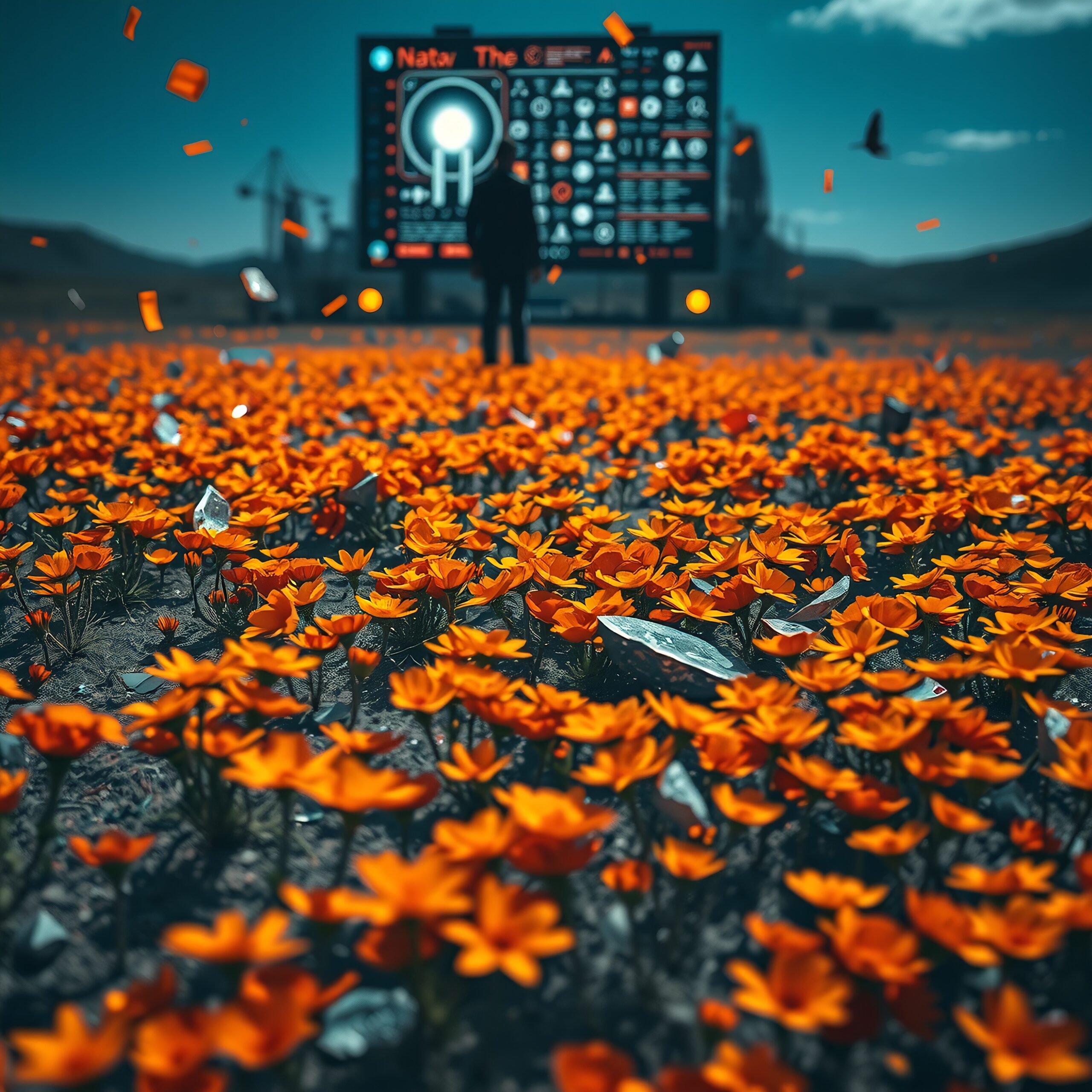 Orange Flowers and Digital Sign
