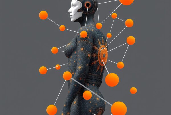 Futuristic humanoid figure with orange spheres and intricate designs suggesting advanced technology and networks.