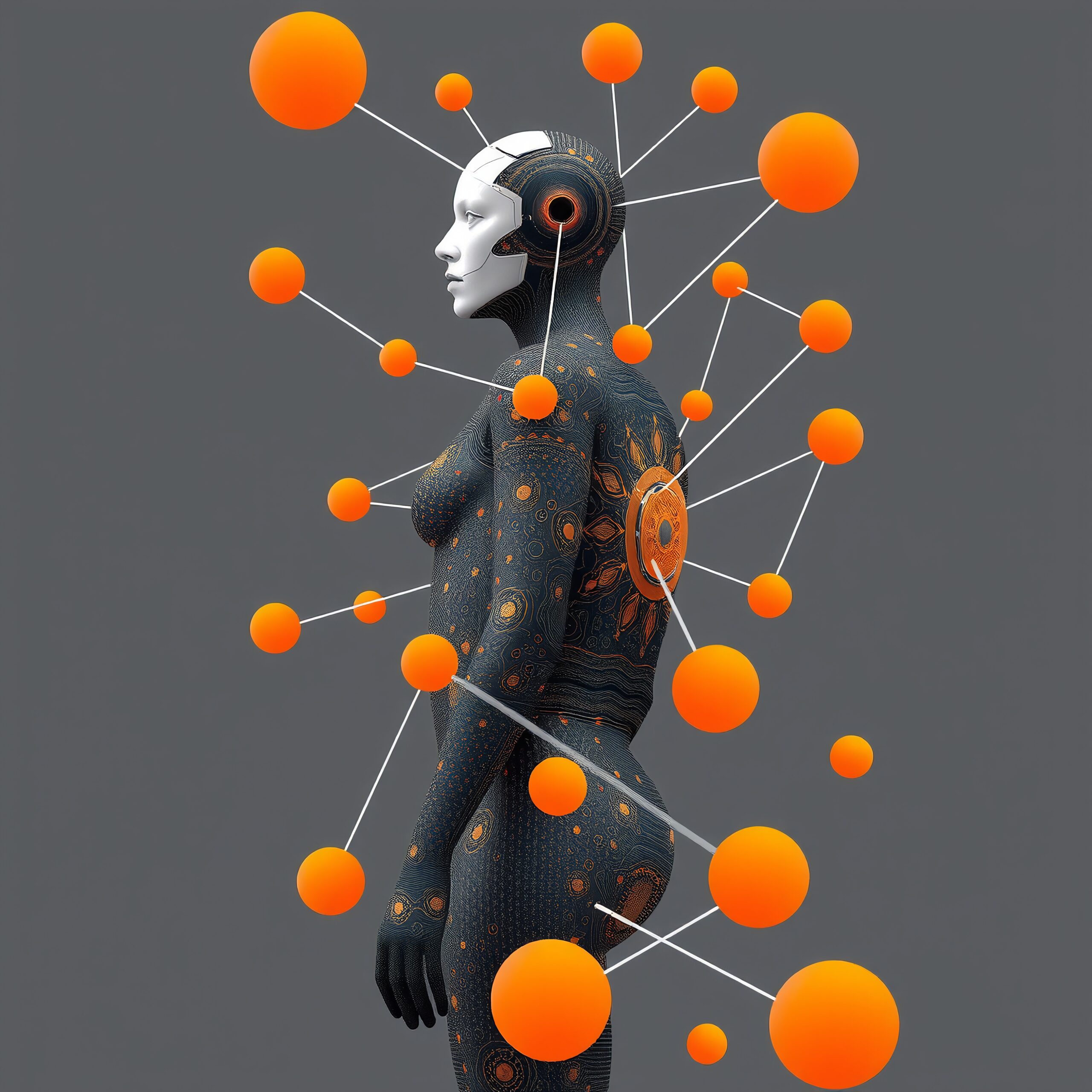 Futuristic Humanoid with Orange Spheres