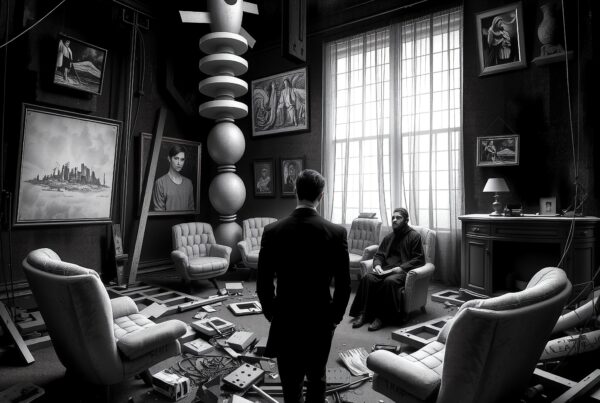 A dimly lit room with artwork and clutter.
