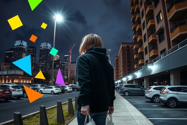 A person holding shopping bags stands in a parking lot under streetlights, with vibrant geometric shapes floating against a cityscape backdrop.