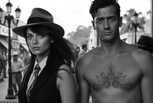 Vintage black-and-white scene with a woman in a fedora and suit alongside a shirtless man with a tattoo, set against a mid-20th century street backdrop.